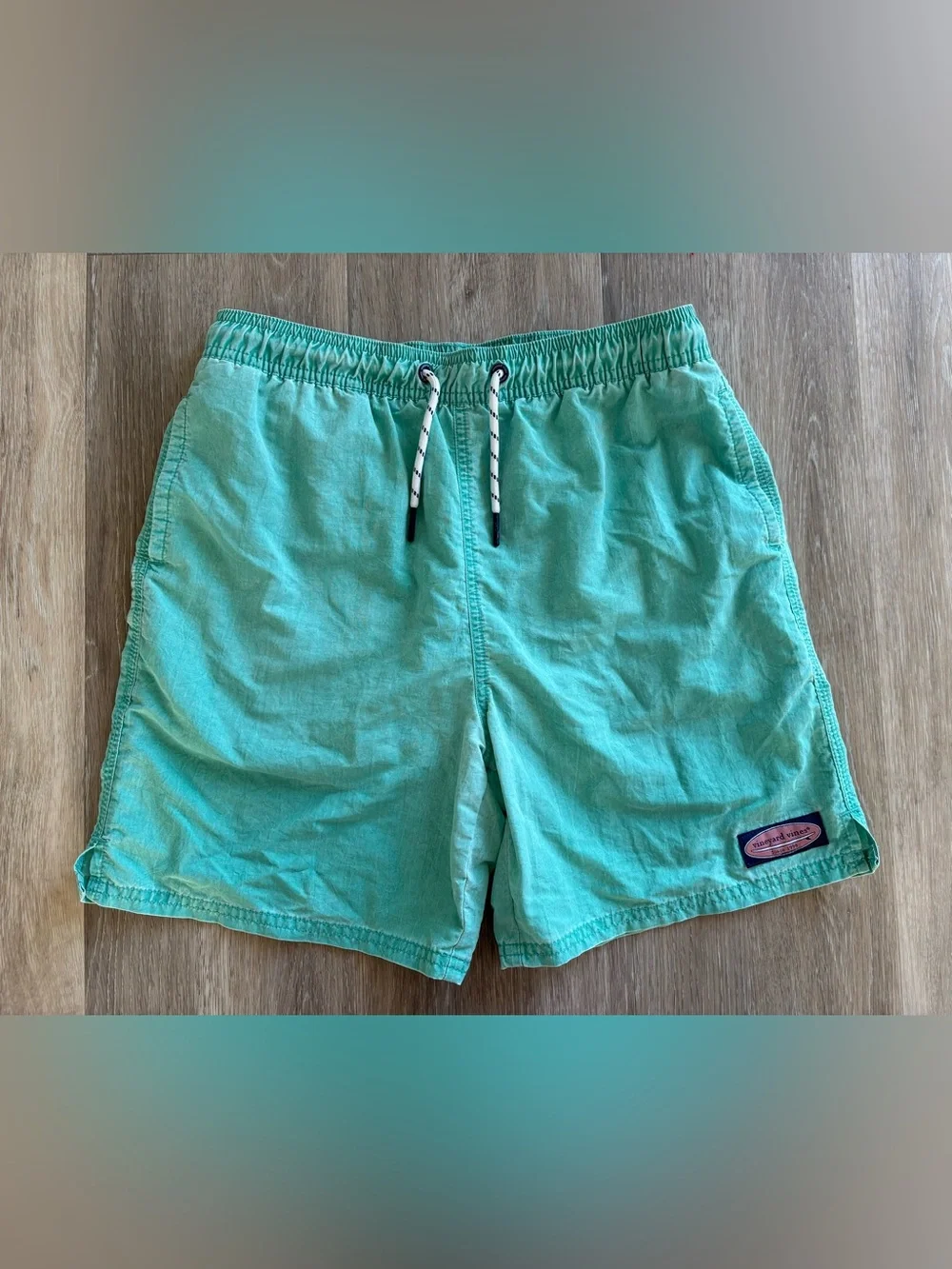 Boys Vineyard Vines Island Swim Trunks turquoise with Pink Logo Patch